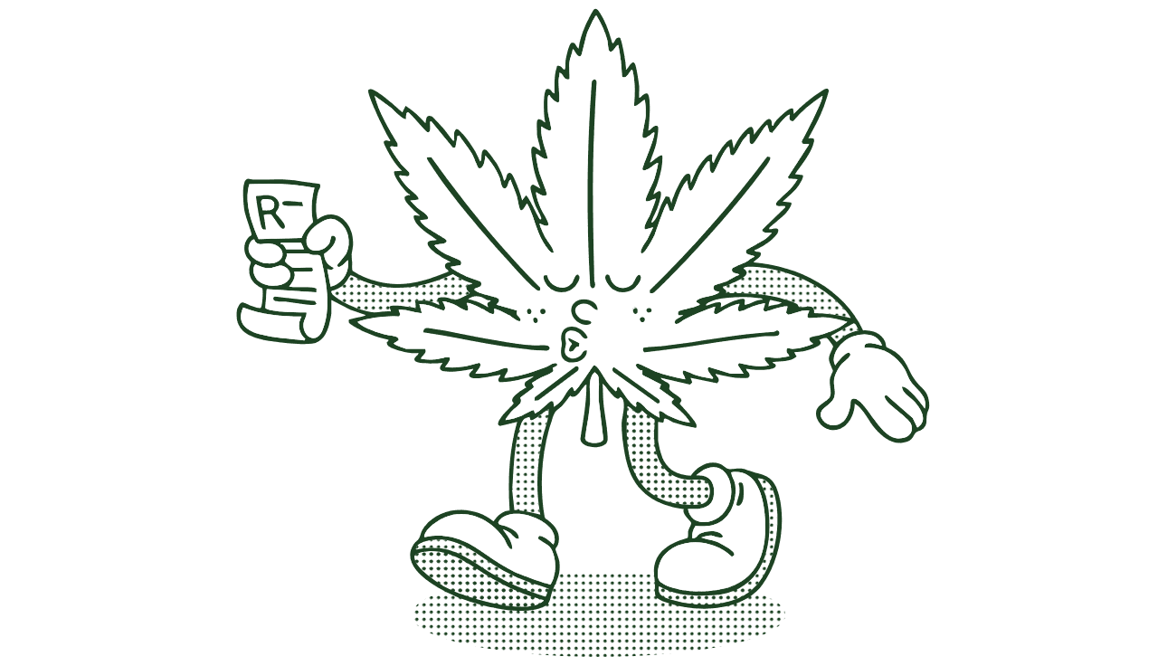 Cannabis Männlein pfeift und hält Rezept in der Hand